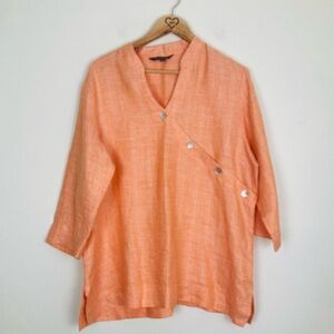 David Dart collection Lagenlook orange with metallic asymmetric button linen top